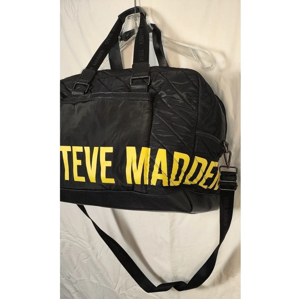 Steve Madden Black‎ Quilted Nylon Duffle Weekender Bag Yellow Logo Graphic Mens